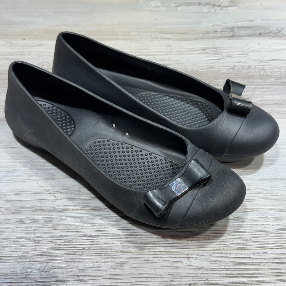 Crocs Gianna Black Bow Cap Toe Ballet Flats Slip On Shoes Women's Size 6
